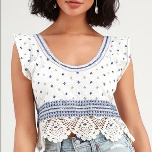 Santorini White and Blue Embroidered Crop Top